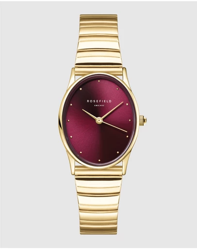 Rosefield - The Oval Burgundy Gold-Tone Half Moon Bracelet Watch
