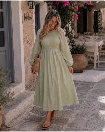 Esther & Co - Iolana Dress - Soft Khaki Long Sleeve