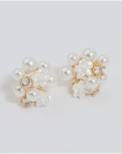 Lovisa - Gold Plated Cubic Zirconia Pearl Cluster Stud Earrings