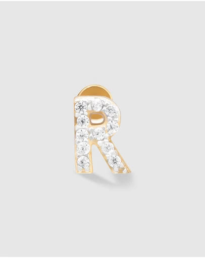 Wanderlust + Co - Alphabet Pave Gold Flat Back Earring - Letter R