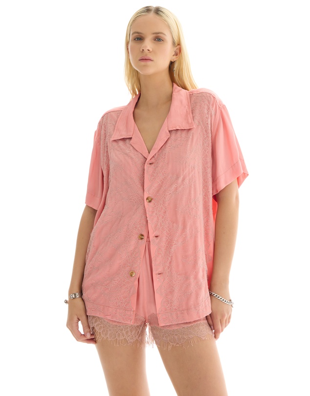 THE TALES - Pink Pixie Satin Lace Camp Shirt