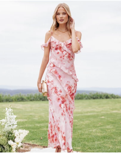 Petal & Pup - Alexia Off Shoulder Maxi Dress - Pink Floral