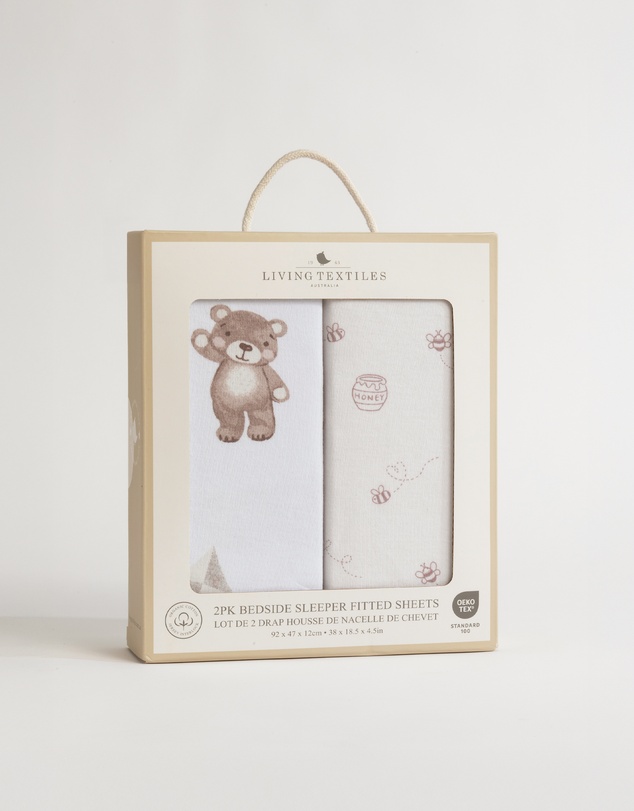 Living Textiles - 2 Pack Organic Bedside Sleeper Fitted Sheet - Cuddly Bear