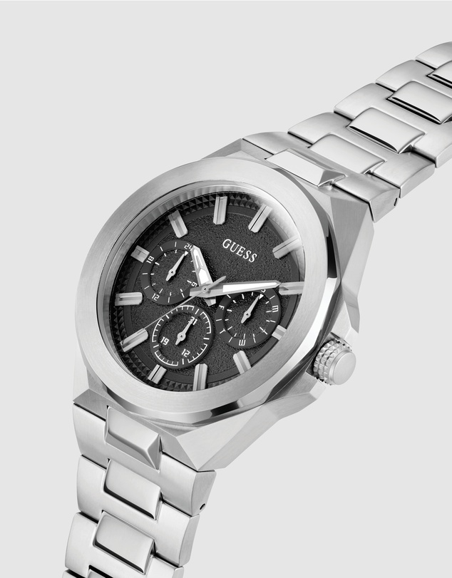GUESS - Silver-Tone Multi-function 46mm Black Dial Men's Watch