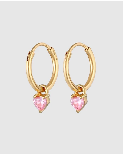 Elli Jewelry - Pink Heart Zirconia Hoop Earrings in Gold-Plated 925 Silver