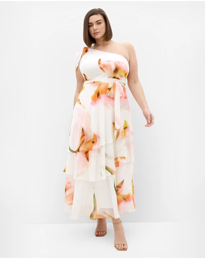 City Chic - Plus size Enchant Fleur One Shoulder Maxi Dress - ivory