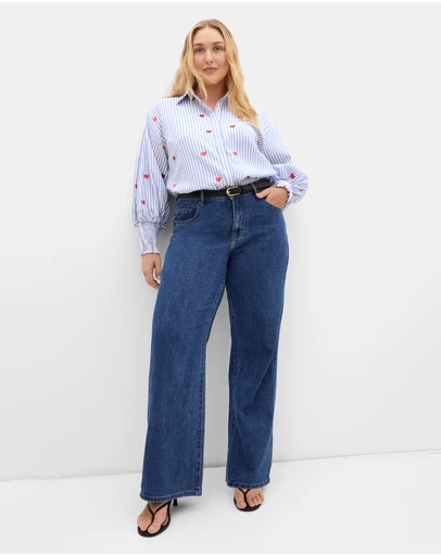 City Chic - Stripe Heart Print Cotton Shirt