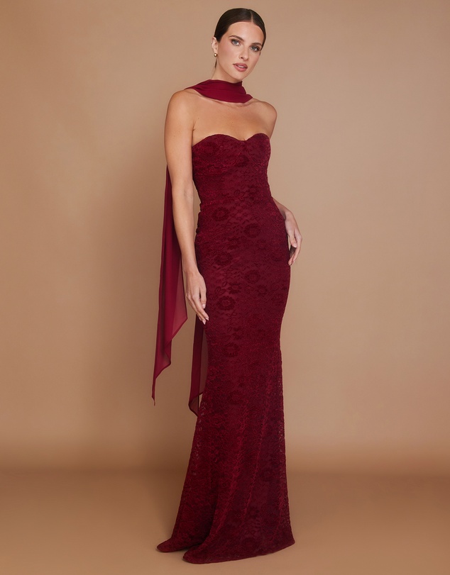 Six Stories - Velvet Lace Corset Bandeau Maxi Dress with Neck Scarf