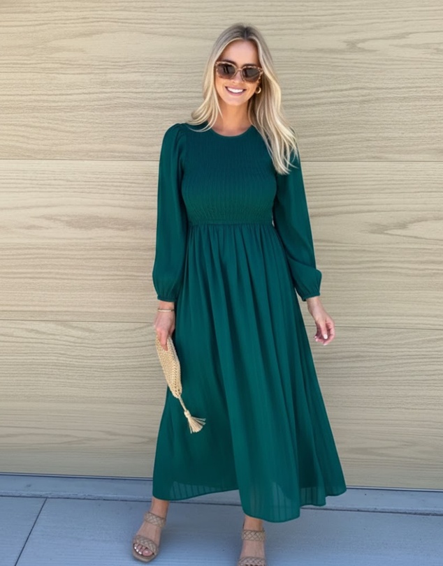 Esther & Co - Iolana Dress - Deep Green Long Sleeve
