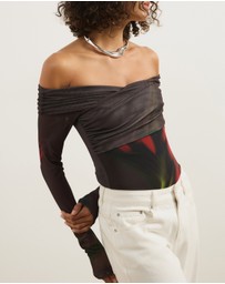 Atmos&Here - Ophelia Cross Off Shoulder Mesh Long Sleeve Top
