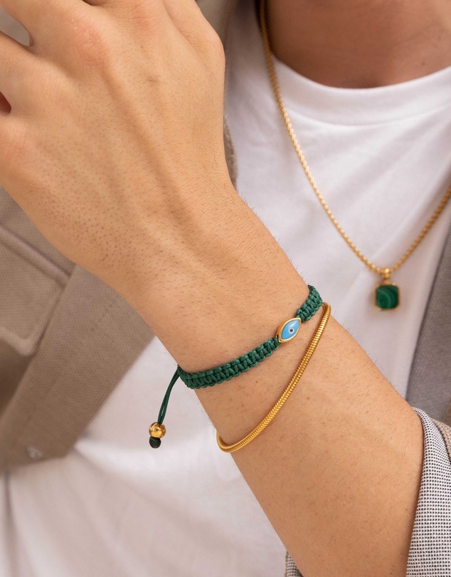 Nialaya Jewellery - Men's Dark Green String Bracelet with Gold Evil Eye