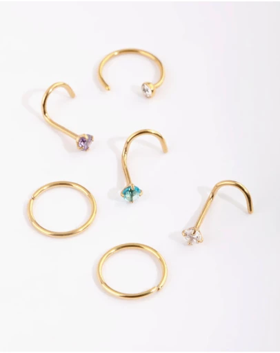 Lovisa - Gold Plated Surgical Steel Pastel Diamante Nose Stud 6-Pack