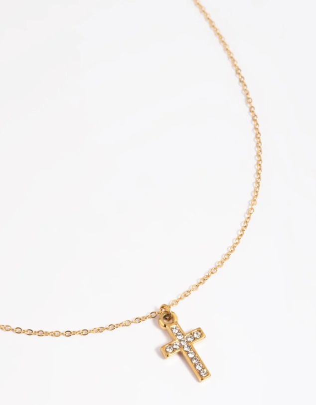 Lovisa - Waterproof Gold Plated Stainless Steel Cubic Zirconia Cross Necklace