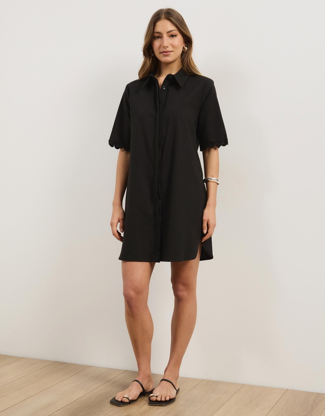 Atmos&Here - Kyla Linen Blend Mini Shirt Dress with Lace Trim Detail