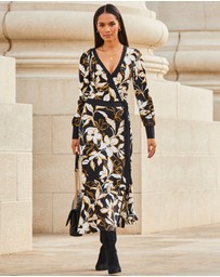 Sosandar - Floral Print Contrast Trim Midi Wrap Dress