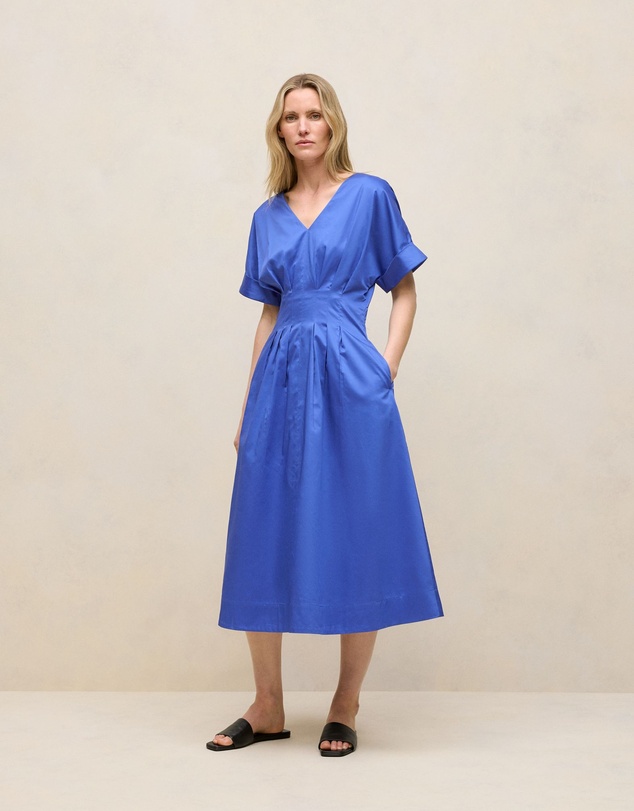 Trenery - Cotton Sateen Pleat Waist Dress in Vivid Blue