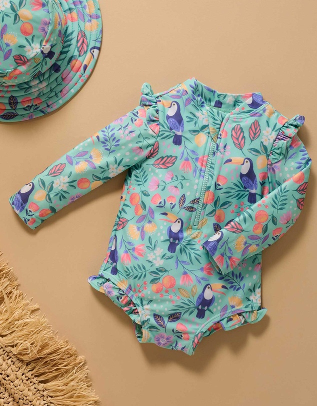 Purebaby - Printed Frilly Long Sleeve Swimsuit- Kids-Babies