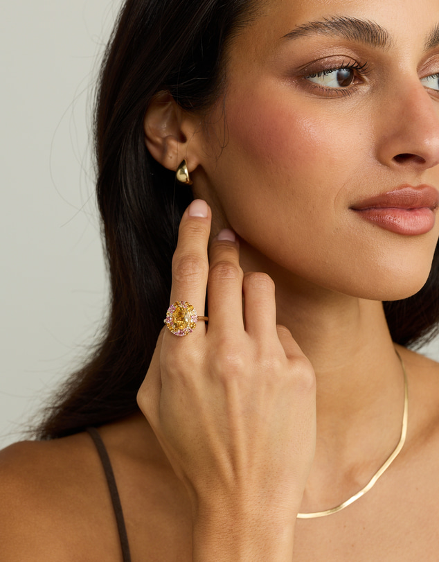 Michael Hill - Oval Cut Citrine, Pink Tourmaline & White Topaz Halo Ring in 10kt Yellow Gold