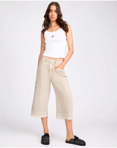 ONE TEASPOON - 720'S Mid Waist Super Long Length Denim Jorts - Stone
