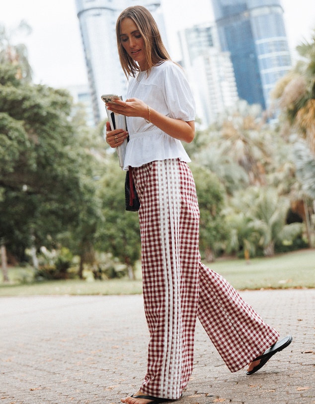 Petal & Pup - Lawson Track Pants - Burgundy Gingham