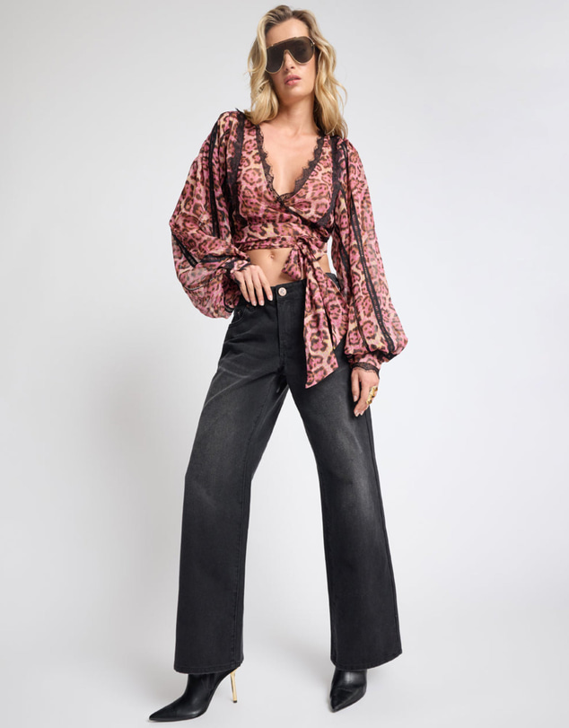 ONE TEASPOON - Songbird Sheer Balloon Sleeve Tie-Up Blouse - Pink Leopard