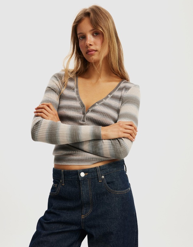 Cotton On - Rib Knit Henley Long Sleeve Top