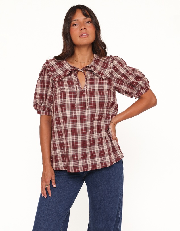 Petal & Pup - Evandri Frill Collar Top - Burgundy Plaid