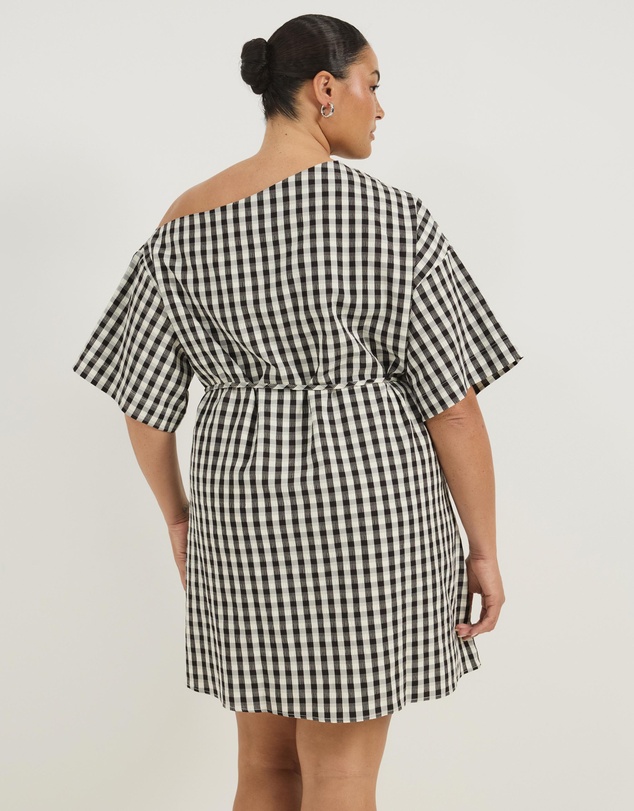 Atmos&Here Curvy - Olive Off Shoulder Gingham Mini Dress with Tie Waist
