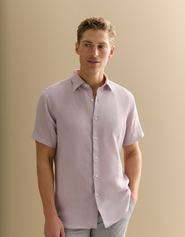 Trenery - Regular Fit Delave Linen Short Sleeve Shirt in Faded Violet