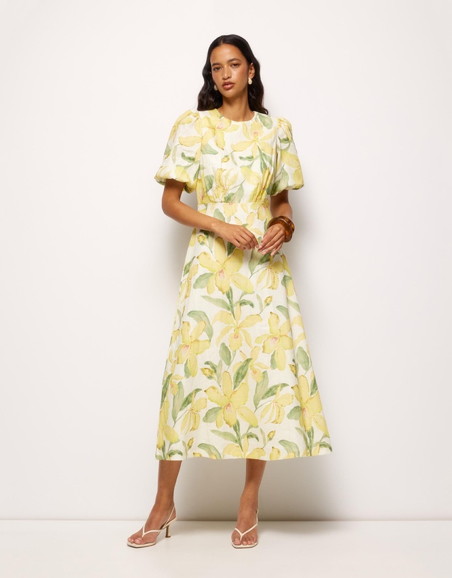 AERE - Clea Linen Puff Sleeve Midi Dress