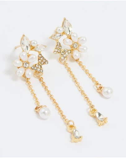 Lovisa - Gold Plated Diamante Pearl Flower Chain Drop Earrings