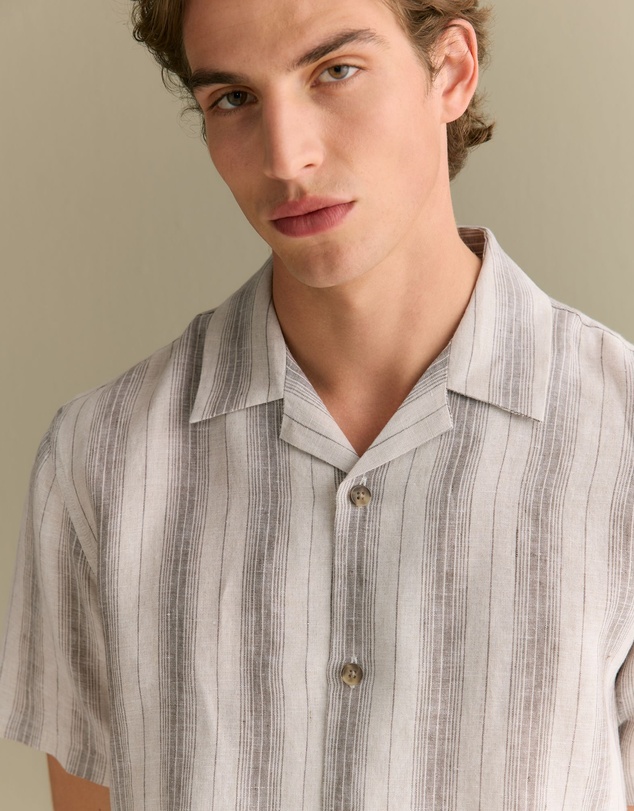Trenery - Regular Fit Linen Tonal Stripe Short Sleeve Shirt in Flax