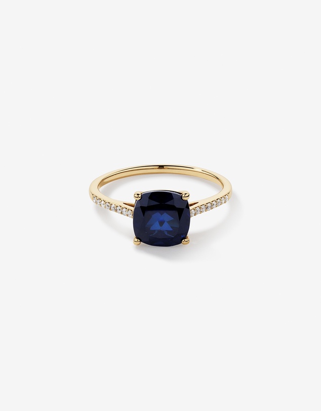 Michael Hill - Cushion Cut Blue Created Sapphire Gemstone and Diamond Ring in 10kt Yellow Gold