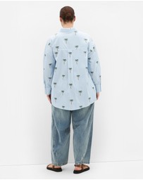 City Chic - Plus size Embroidery Palm Print Cotton Shirt - sky blue