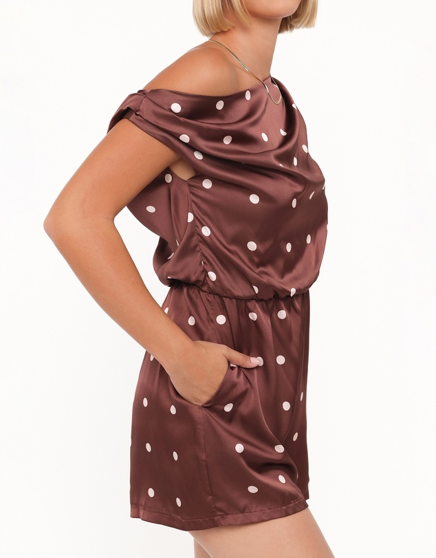 Petal & Pup - Cassidy One Shoulder Playsuit - Brown Polka Dot