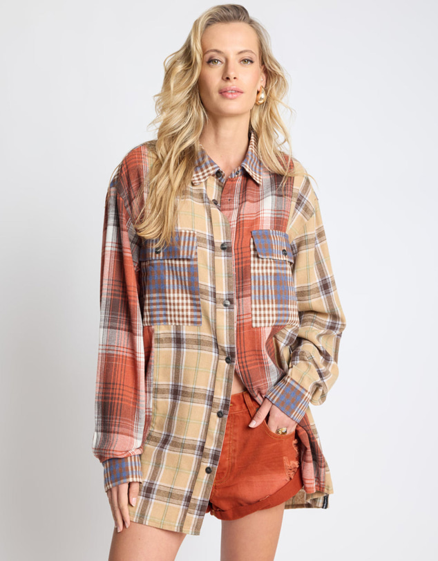 ONE TEASPOON - Essential Patchwork Flannel Shirt - Natural Check