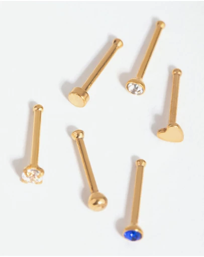 Lovisa - Gold Surgical Steel Heart Diamante Nose Stud 6-Pack