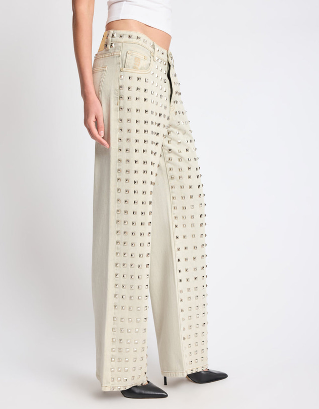 ONE TEASPOON - Jackson Mid Waist Wide Leg Studded Denim Jeans - Antique Khaki