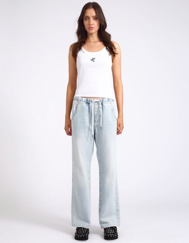 ONE TEASPOON - Roadhouse Mid Waist Wide Leg Drawstring Denim Jean - Blue Latte