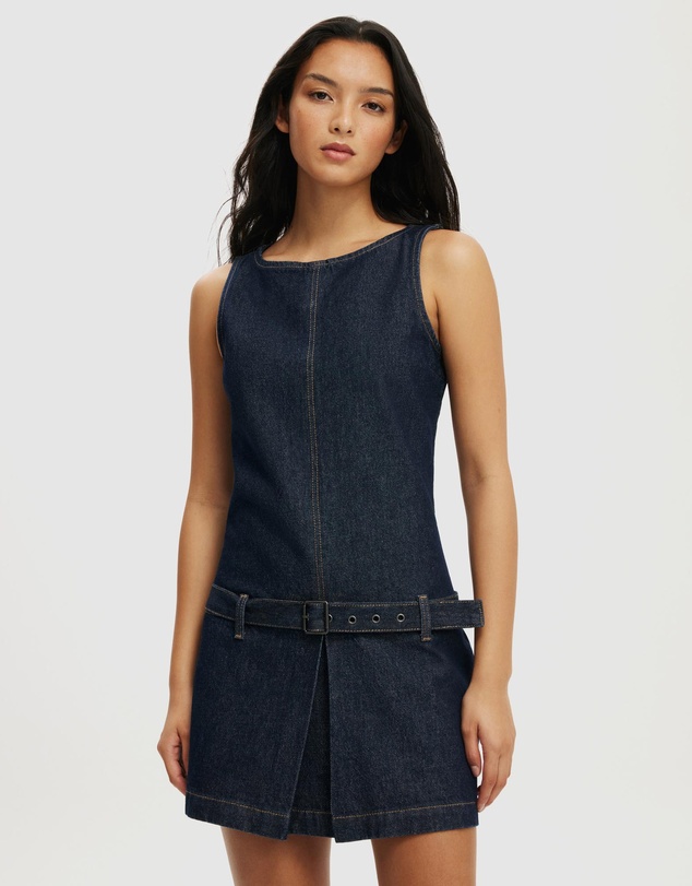 knee length dresses for ladies Myleigh Puff Sleeve Waist Tie Mini Dress Denim Blue Selfie Leslie