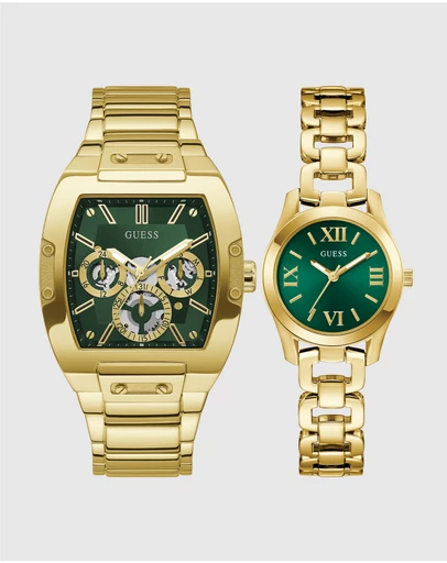 GUESS - Guess Gents and Ladies Set - Phoenix Gold Tone & Green & Veda Ladies Gold Tone Analogue