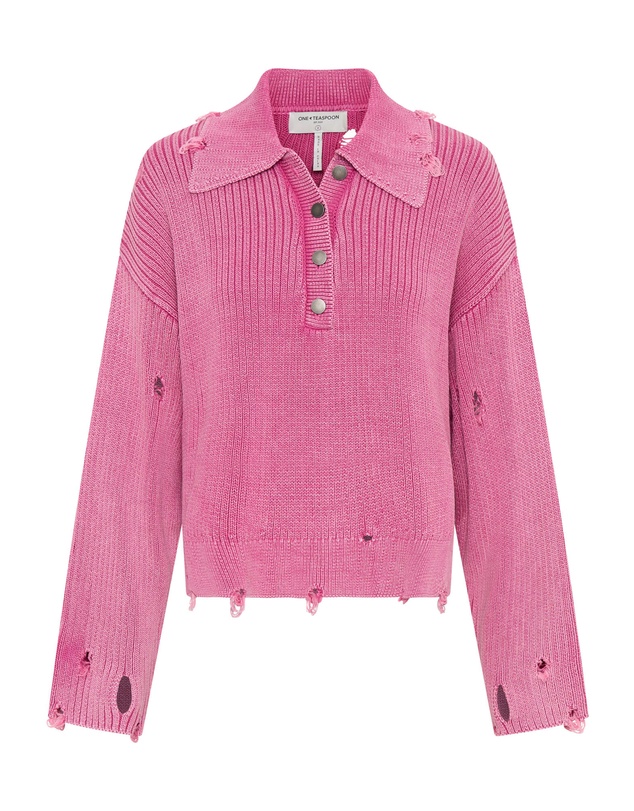 ONE TEASPOON - Rib College Pullover Sweater - Pink