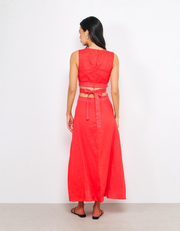AERE - Zia Contrast Stitch Linen Midi Dress