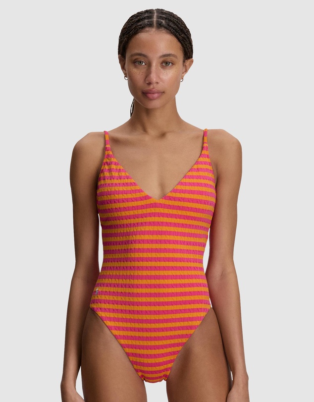 Polo Ralph Lauren - Stripe Cable-Motif V Neck One-Piece Swimsuit