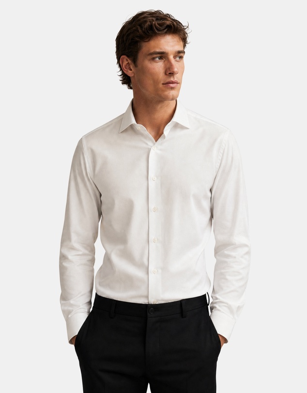 Henry Bucks - HENRY SARTORIAL Contemporary Fit Plain Twill Single Cuff Shirt WHITE