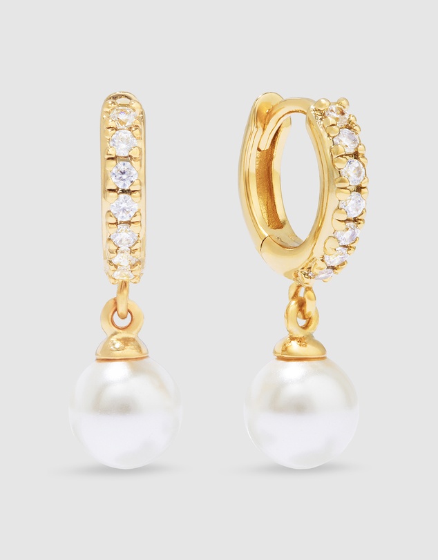 Wanderlust + Co - Pave Pearl Gold Drop 7mm Baby Huggie Earrings