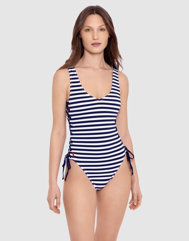 Polo Ralph Lauren - Pique Stripe Lace Up High Leg Low Back Swimsuit