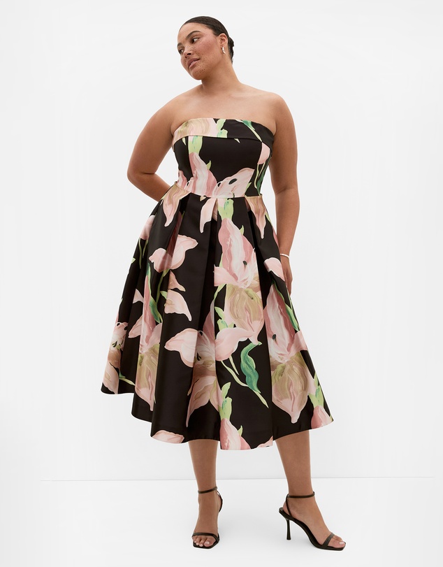 City Chic - Plus size Tiffany Bloom Lily Print Strapless Midi Dress - black