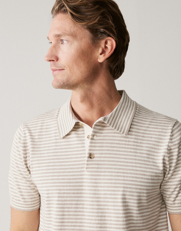 Trenery - Cotton Barre Stripe Knit Polo in Oatmeal