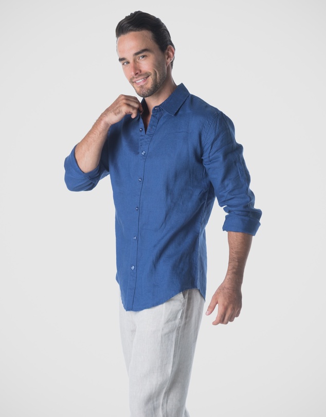 Coast Clothing - Long Sleeve Linen Shirt: Indigo Blue